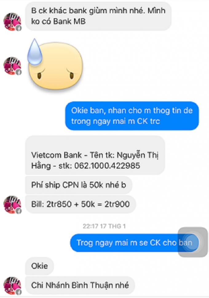 Tin nhắn giao dịch mua bán giữa chị Linh và Nguyễn Đình Thụy Hằng.