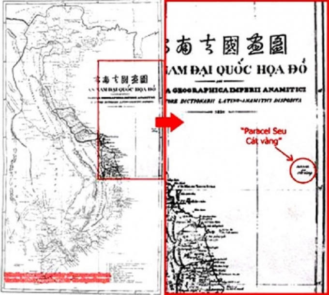 An Nam Đại quốc họa đồ của Giám mục Taberd xuất bản năm 1838 khẳng định Paracels (Cát Vàng, Hoàng Sa) nằm trong vùng biển Việt Nam. Ảnh: ĐNĐT