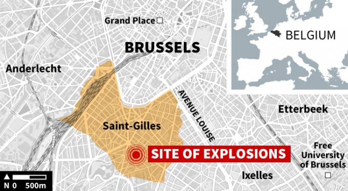 Khu vực xảy ra vụ nổ liên tiếp tại thủ đô Brussels.  Ngoài ra, đám cháy lớn xảy ra cách Nghị viện châu Âu khoảng 3km và văn phòng Ủy ban châu Âu chưa đầy 5km.