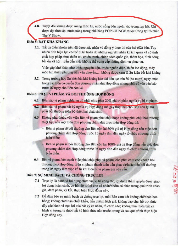 Hợp đồng dịch vụ giữa Vân Sơn và Khánh Loan với điều khoản thỏa thuận về thời gian sử dụng sân khấu.