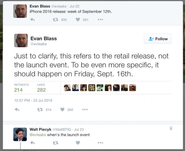 Trên trang Twitter của mình Evan Blass (@evleaks) đã tiết lộ ngày bán ra của iphone 7