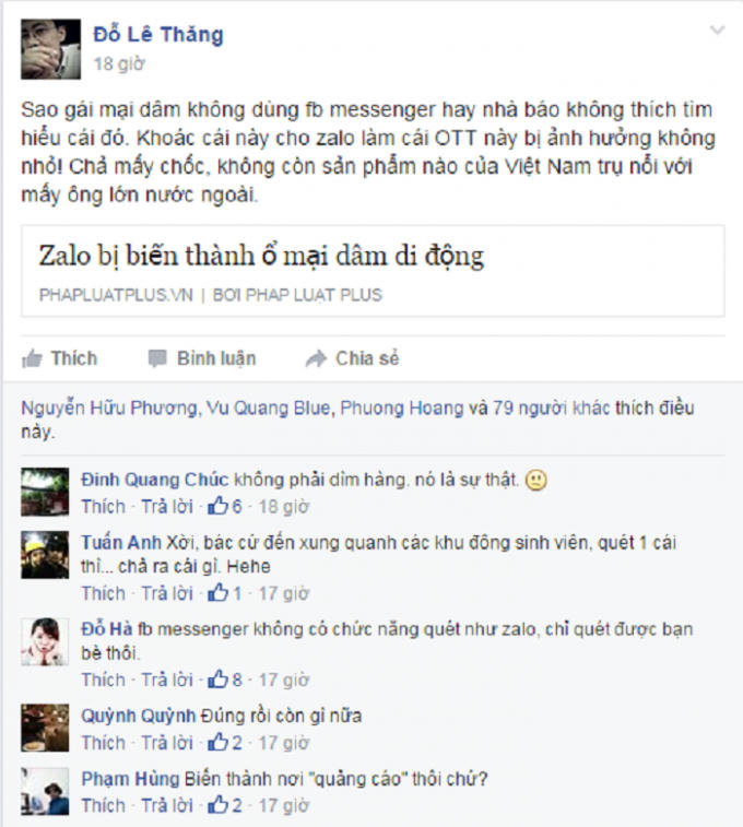 Các thành viên tham gia comment (bình luận) về bài báo "Zalo bị biến thành ổ mại dâm di động". Nguồn: Diễn đàn nhà báo trẻ.