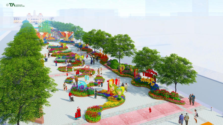 Đường hoa Nguyễn Huệ Tết Ất Tỵ 2025 năm nay sử dụng một khối lượng lớn nền hoa.
