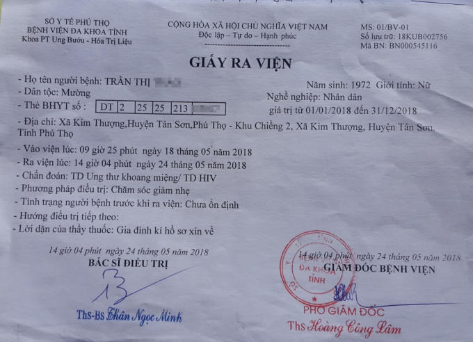 Một nữ bệnh nhân ở khu Chiềng 3, xã Kim Thượng, Phú Thọ 