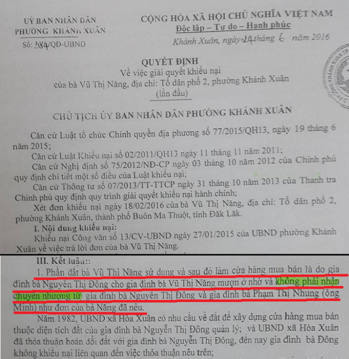 Kết luận của UBND P. Khánh Xuân năm 2016 nêu: “Phần đất của bà Năng là không phải nhận chuyển nhượng từ gia đình bà Đông và ông Minh”.