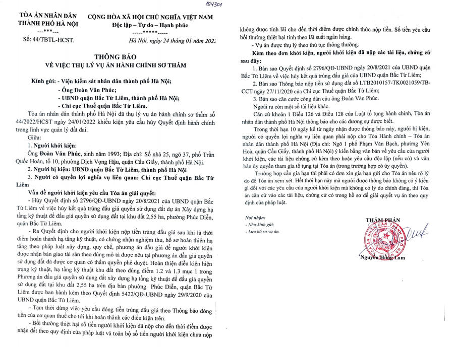 Thông báo thụ lý về vụ việc của TAND TP Hà Nội