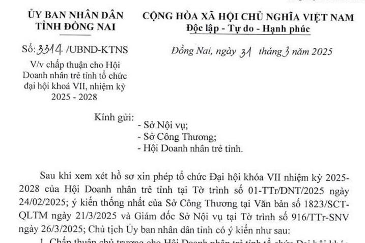 UBND tỉnh Đồng Nai chấp thuận cho Hội Doanh nhân trẻ tỉnh Đồng Nai tổ chức Đại hội khóa VII, nhiệm kỳ 2025-2028