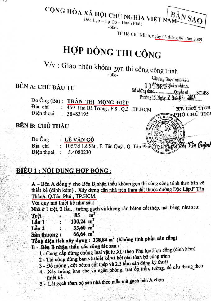 Hợp đồng thi công được cho là của bà Điệp ký với cá nhân ông Lê Văn Gô nhưng không phải địa chỉ số 3 Đô Đốc Thủ.