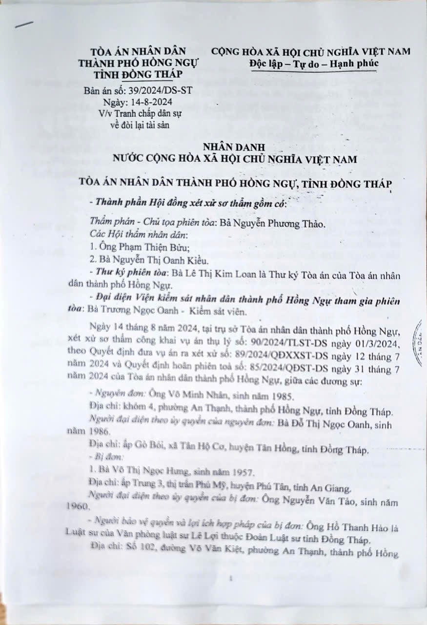 Bản án sơ thẩm của TAND thành phố Hồng Ngự (tỉnh Đồng Tháp).