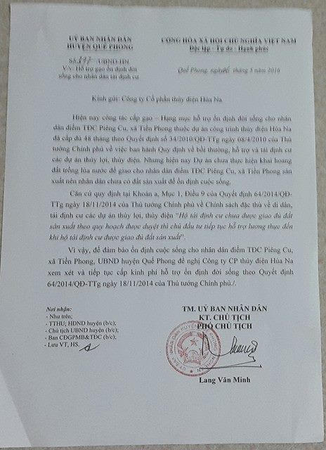 Công văn số 397 của UBND gửi công ty cổ phần thủy điện Hủa Na về việc hỗ trợ gạo cho bà con.