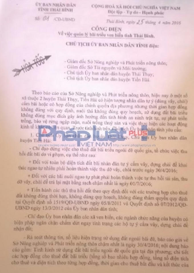 Công điện hỏa tốc số 01-CĐ/UBND do Chủ tịch tỉnh Thái Bình Nguyễn Hồng Diên ký ngày 25/4/2016 về việc quản lý bãi triều ven biển tỉnh Thái Bình.