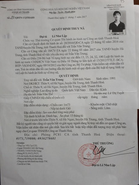 Đối tượng Trung đã từng bị cơ quan công an truy nã về tội đánh bạc