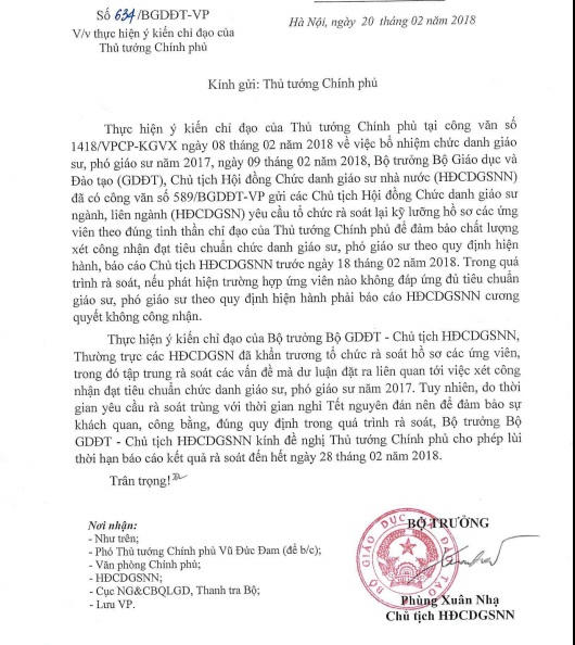 Công văn xin lùi thời hạn báo cáo rà soát chức danh giáo sư, phó giáo sư của Chủ tịch HĐCDGSNN, Bộ trưởng Bộ GD-ĐT Phùng Xuân Nhạ (Vietnamnet.vn)