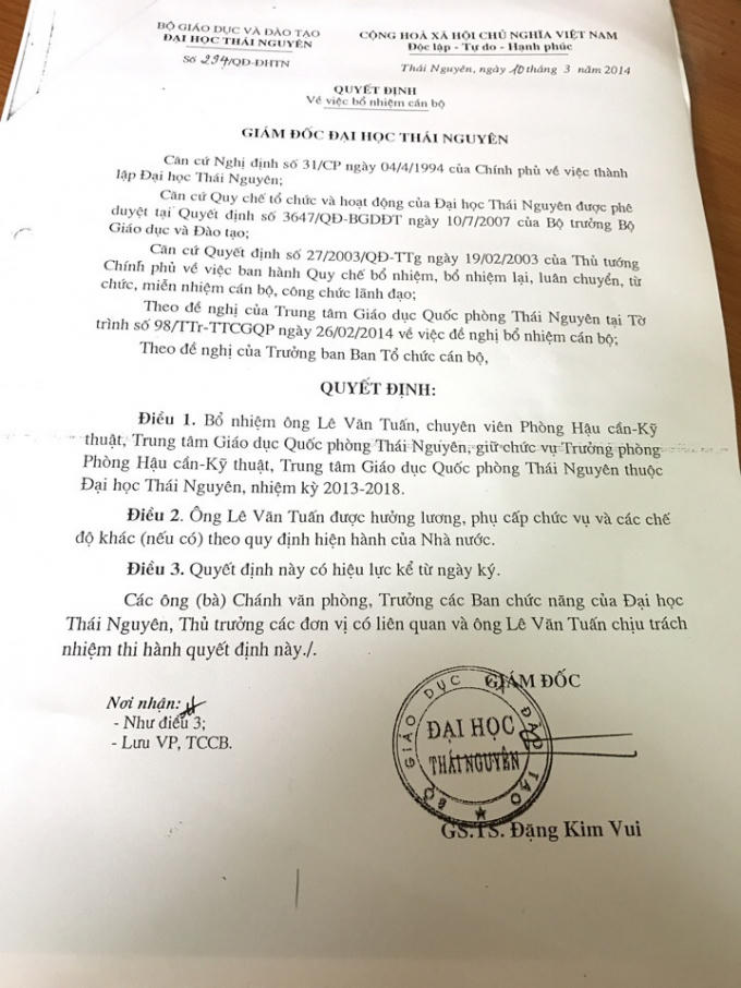 Ông Tuấn được bổ nhiệm làm Trưởng phòng Hậu cần Kỹ Thuật theo Quyết định số 294/QĐ-ĐHTN ngày 10/3/2014.