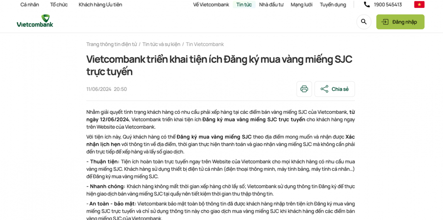 Ngân hàng TMCP Ngoại thương Việt Nam (Vietcombank) bắt đầu triển khai đăng ký mua vàng miếng SJC trực tuyến cho khách hàng ngay trên website.