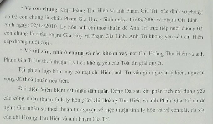 Ảnh chụp từ "Quyết định giải quyết việc dân sự về yêu cầu công nhận thuận tình ly hôn" của TAND quận Đống Đa, Hà Nội. Ảnh: NVCC.