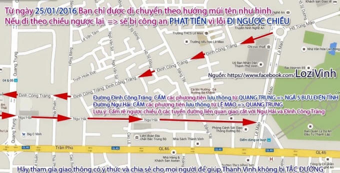 Sơ đồ thí điểm đường một chiều trên đường Đinh Công Tráng và Đường Ngư Hải (mũi tên đỏ).