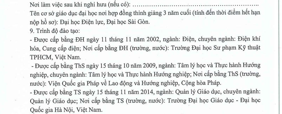 Bản Đăng ký xét công nhận đạt tiêu chuẩn chức danh Phó Giáo sư gửi Hội đồng giáo sư cơ sở (Đại học Thái Nguyên) của PGS Hưng thể hiện giảng dạy tại Đại học Điện lực và Đại học Sài Gòn.