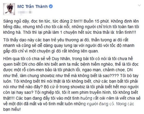 Trấn Thành đáp trả lại khán giả trên trang cá nhân của mình.