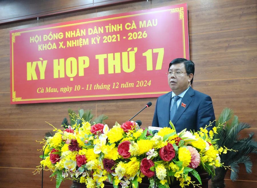 Ông Nguyễn Tiến Hải - Ủy viên BCH TW Đảng, Bí thư Tỉnh ủy, Chủ tịch HĐND tỉnh Cà Mau, phát biểu bế mạc Kỳ họp 17 - HĐND tỉnh.