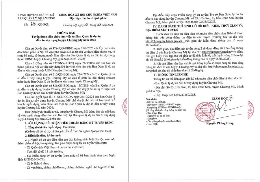 Thông báo Tuyển dụng viên chức năm 2024 của BQLDA Đầu tư Xây dựng huyện Chương Mỹ.