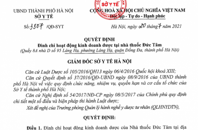 Nhà thuốc Đức Tâm bị đình chỉ hoạt động kinh doanh