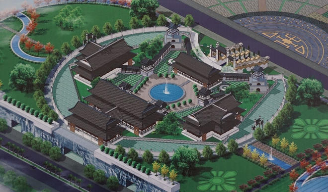 Theo bản thuyết minh, khu đền trăm họ ở Thanh Hoá sẽ không giống những ngôi đền chùa Việt khác, vốn được bố cục phổ biến với hình chữ “Công”, chữ “Đinh” hay nội công ngoại quốc… Đền thờ trăm họ ở đây sẽ được bố cục hình ngôi sao năm cánh “là quốc hồn, quốc thể của người Việt”. Mỗi cánh sao là một điện thờ theo trục thần đạo (trục chính), lần lượt có cổng tam quan, thiên điện, minh đường nội và đại điện. Hai bên tả hữu có tả điện, hữu điện, lầu chuông, lầu trống…  Tất cả các điện đều được nối với nhau bằng hành lang. Đơn vị quản lý được bố trí dưới đế hầm của ba điện chính, tả, hữu và các vị trí khác ở lầu chuông và lầu trống. Dưới đế (cao 9 m) của đền là hệ thống ngầm dịch vụ và giải trí (dạng Disneyland người lớn) mô phỏng các thắng cảnh nổi tiếng của Thanh Hoá như Suối cá Thần, Động Từ Thức…