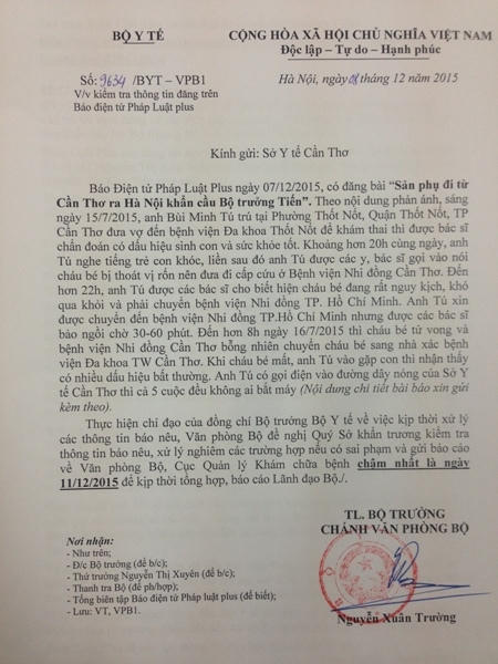 Công văn của Bộ Y tế yêu cầu Sở Y tế Cần Thơ làm rõ vụ cháu bé 2 ngày tuổi tử vong.