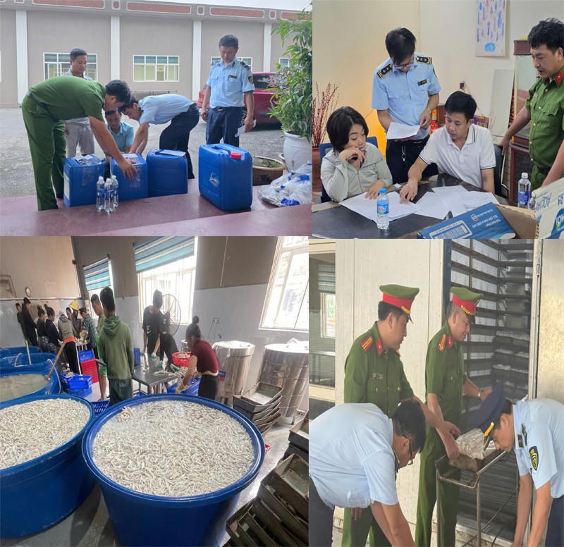 Lực lượng chức năng lập biên bản thu giữ thu giữ 13,5 tấn chân gà đông lạnh ngâm hóa chất - Ảnh Công an Thanh Hóa.