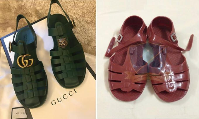 Hình ảnh thực tế từ mẫu sandal cao cấp đặt cạnh mẫu dép nhựa của Việt Nam.