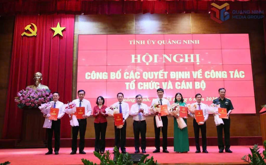 Lãnh đạo tỉnh Quảng Ninh trao Quyết định điều động, bổ nhiệm, phân công cán bộ diện Ban Thường vụ Tỉnh ủy quản lý.. Ảnh: QMG