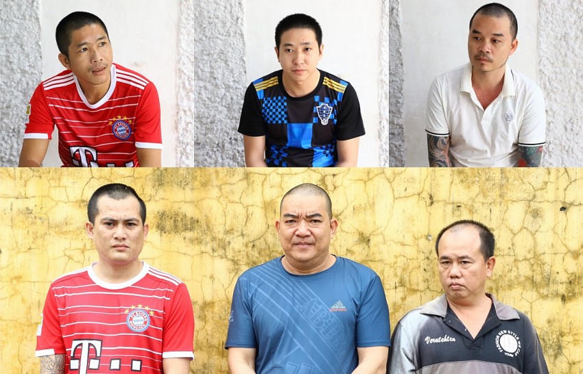 Các đối tượng Anh, Minh, Phong, Cường, Giang và Xuân Hiền (từ trái qua, từ trên xuống). Ảnh: Nguyễn Hoàng