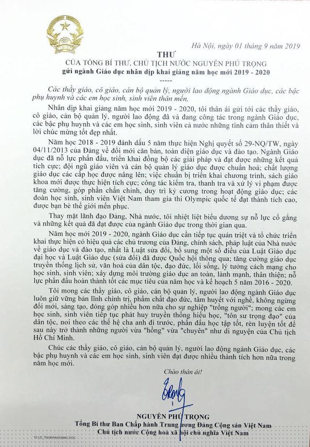 Thư chúc mừng năm học mới của Tổng Bí thư, Chủ tịch nước Nguyễn Phú Trọng.
