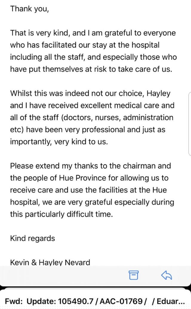 Bức thư gửi bằng email của vợ chồng ông bà Nevard đến UBND tỉnh Thừa Thiên Huế