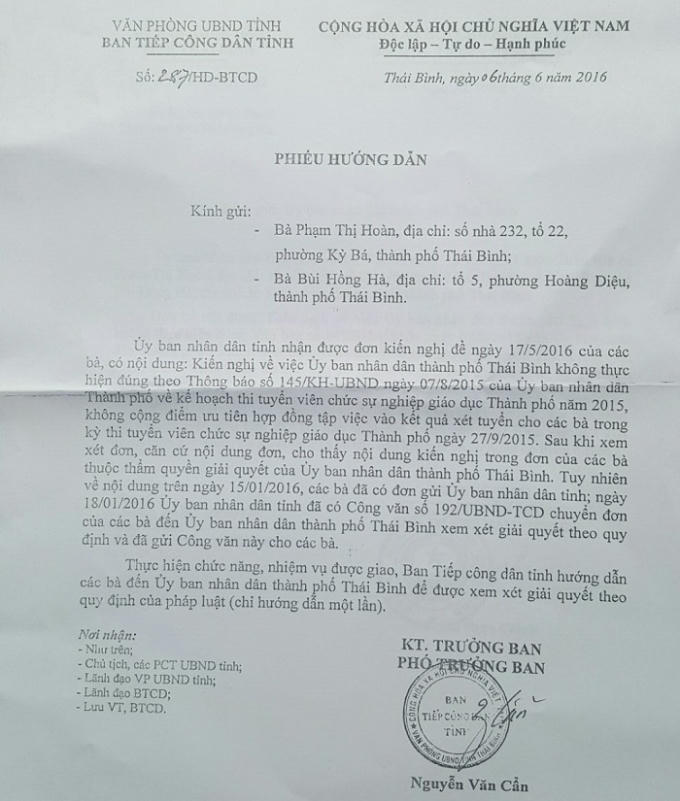 Phiếu hướng dẫn số 287/HD-BTCD.