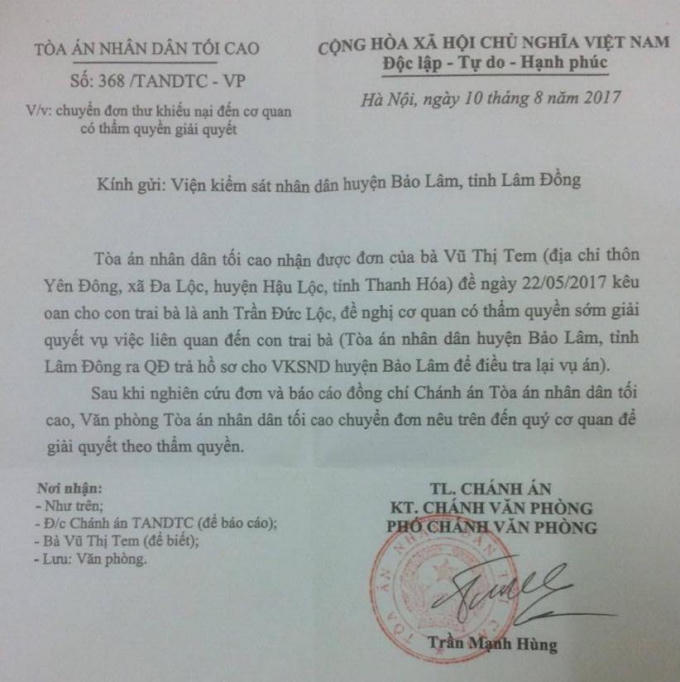 Văn bản số 368TANDTC-VP của Tòa án nhân dân Tối cao.