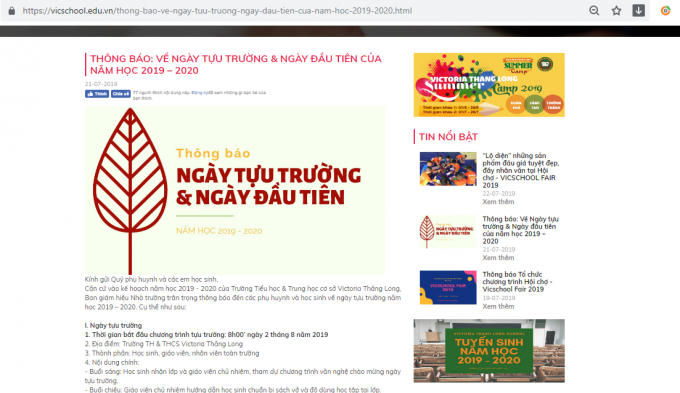 Thông báo tựu trường của Trường tiểu học và trung học cơ sở Victoria Thăng Long