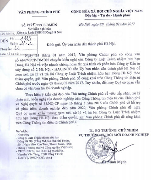 Văn phòng Chính phủ đốc thúc TP Hà Nội trả lời các nội dung liên quan kiến nghị về vụ cổ phần hoá tại HACINCO.