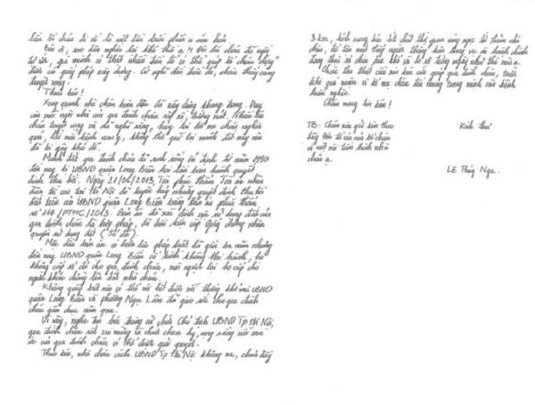 Nội dung bức thư nữ sinh Lê Thuý Nga gửi Chủ tịch UBND TP Hà Nội.