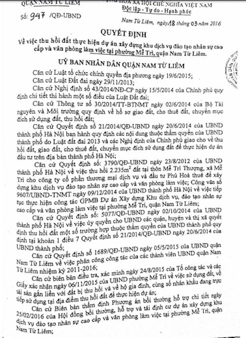 Quyết định số 947/QĐ-UBND về việc thu hồi đất không xem xét phê duyệt các khoản bồi thường về đất và không hỗ trợ chuyển đổi nghề nghiệp và tạo việc làm đối với gia đình ông Hường.