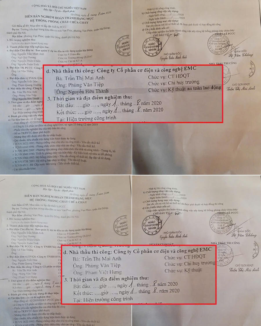 Hai biên bản nghiệm thu PCCC thuộc dự án Trường Tiểu học trong khu dân cư mới Vạn Phúc cũng có nhiều điểm bất nhất cần được chủ đầu tư và cơ quan chức năng làm rõ.