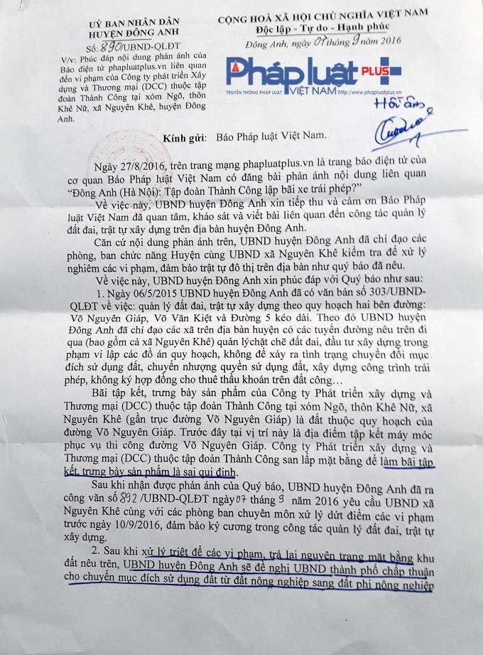 Huyện Đông Anh cam kết sẽ xử nghiêm bãi tập kết xe trái phép của Công ty DCC