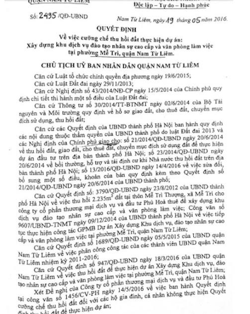 Quyết định số 2495/QĐ-UBND về việc cưỡng chế thu hồi đất thực hiện dự án.