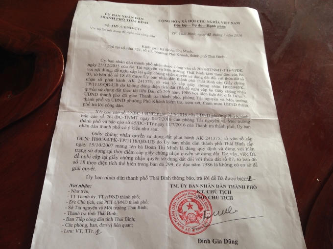 Văn bản của UBND TP Thái Bình trả lời bà Đoàn Thị Minh.