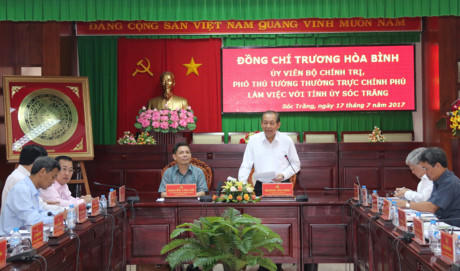 Phó Thủ tướng Thường trực Trương Hòa Bình, phát biểu tại buổi làm việc với Ban Thường vụ Tỉnh ủy Sóc Trăng (Ảnh nguồn CAND).