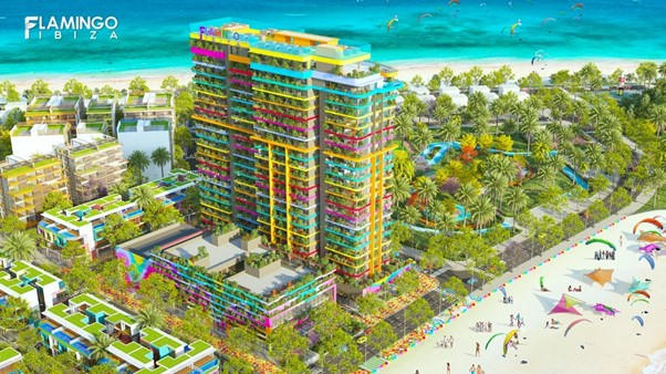 Trái tim của quần thể Flamingo Ibiza trong sắc màu rực rỡ của vui chơi và lễ hội.