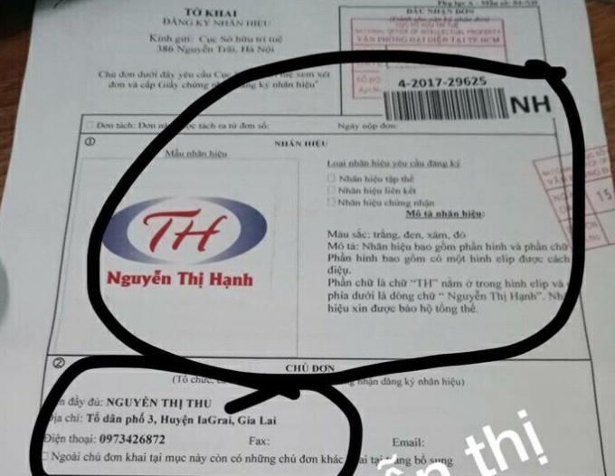 Tờ khai của chị Nguyễn Thị Thu đăng ký nhãn hiệu với Cục sở hữu trí tuệ.