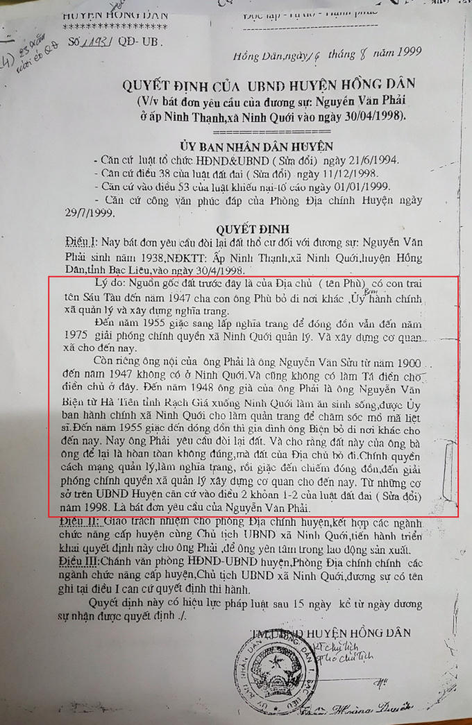 Quyết định của UBND huyện Hồng Dân bác đơn khiếu nại của ông Phải với lý do đất trước đây của địa chủ Phù