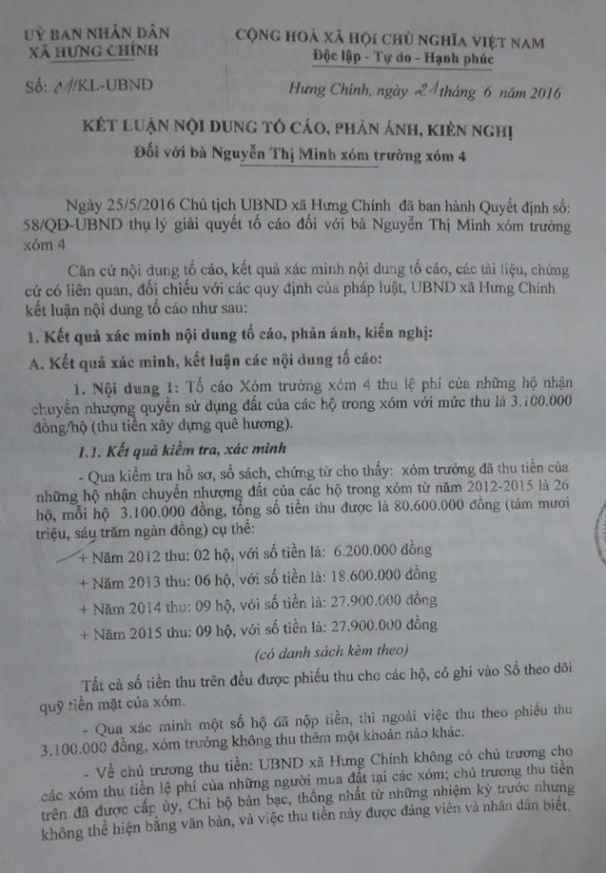 Sau khi nhận được đơn thư UBND xã Hưng Chính đã kiểm tra và có kết luận giải quyết các nội dung tố cáo.