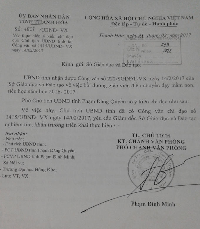 Công văn mới nhất của UBND tỉnh Thanh Hóa yêu cầu Sở GD&amp;ĐT phối hợp cùng trường ĐH Hồng Đức khẩn trương triển khai việc đào tạo, bồi dưỡng giáo viên THCS thuyên chuyển về dạy mầm non và tiểu học, Ảnh: Nguyệt Chi